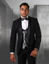 Men’s Black 3pc tuxedo flat front pants coop neck vest STATEMENT SUITS PALMERO