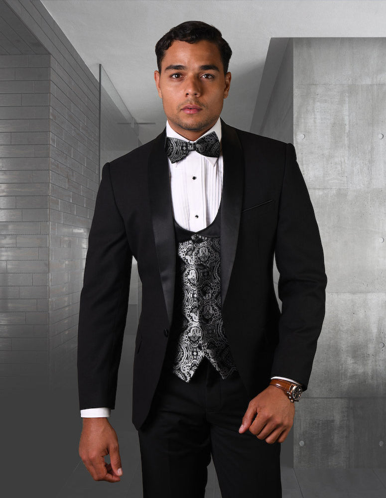 Men’s Black 3pc tuxedo flat front pants coop neck vest STATEMENT SUITS PALMERO