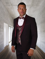 Men’s Burgundy 3pc tuxedo flat front pants coop neck vest STATEMENT SUITS PALMERO