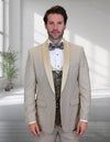 Men’s Tan 3pc tuxedo flat front pants coop neck vest STATEMENT SUITS PALMERO