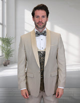 Men’s Tan 3pc tuxedo flat front pants coop neck vest STATEMENT SUITS PALMERO