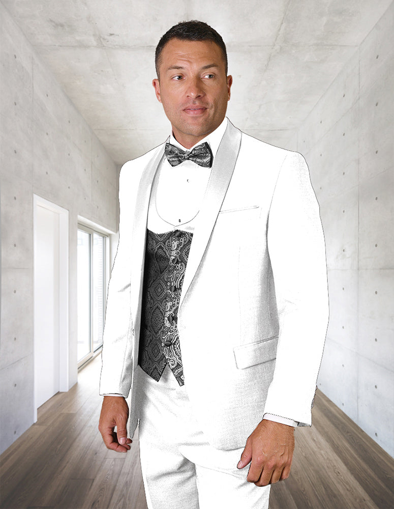 Men’s White 3pc tuxedo flat front pants coop neck vest STATEMENT SUITS PALMERO