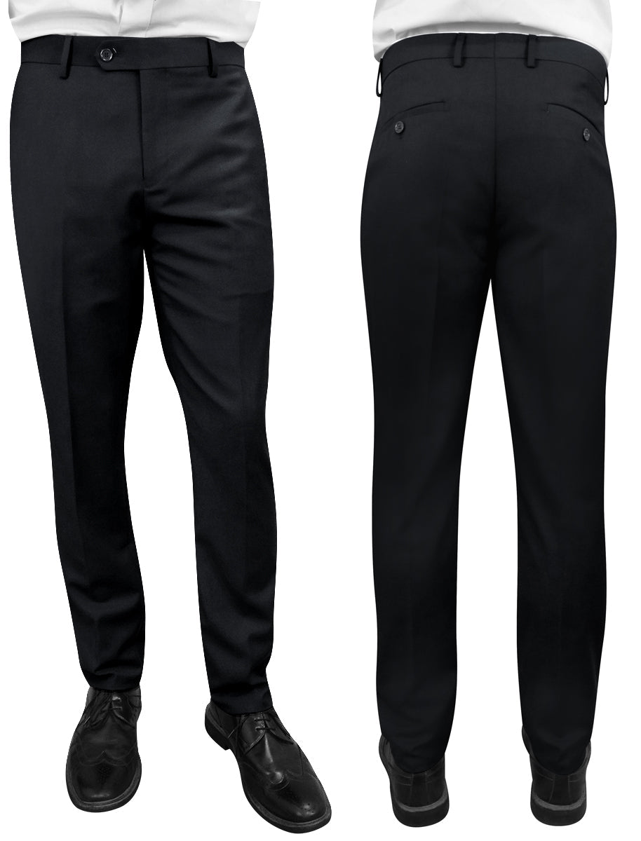 Men’s Black slim fit flat-front pants super 150’s wool STATEMENT SUITS PL-100