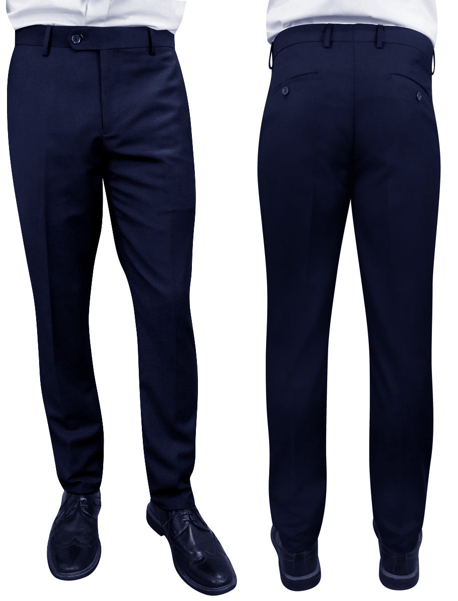 Men’s Navy slim fit flat-front pants super 150’s wool STATEMENT SUITS PL-100