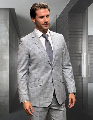 2Pc Plaid Italian Wool Suits. Super 200\'S. Modern Fit Flat Front Pants| PORTO-4| Gray