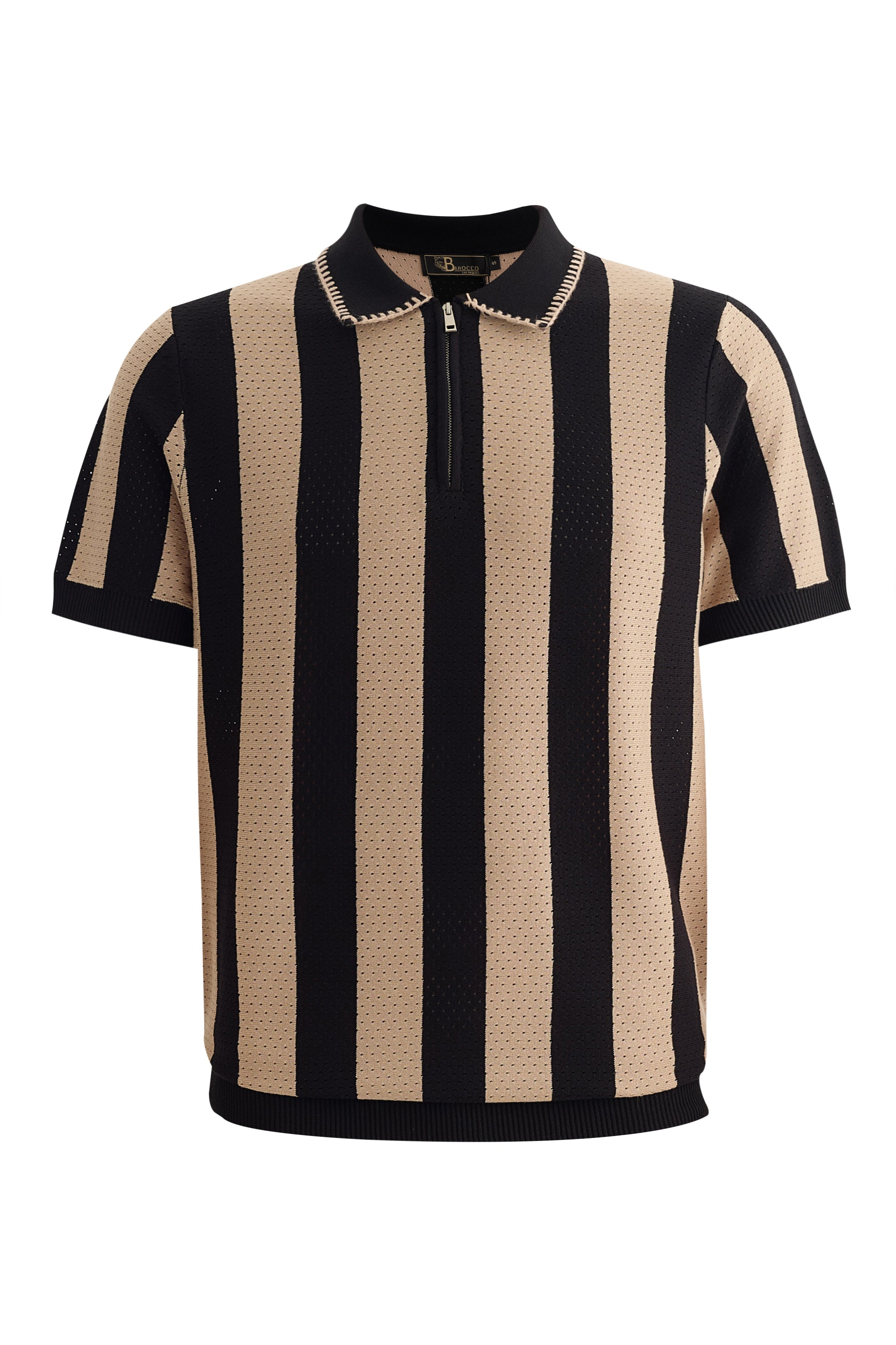 Monaco Zip Polo with Bold Stripe Knit KHAKI