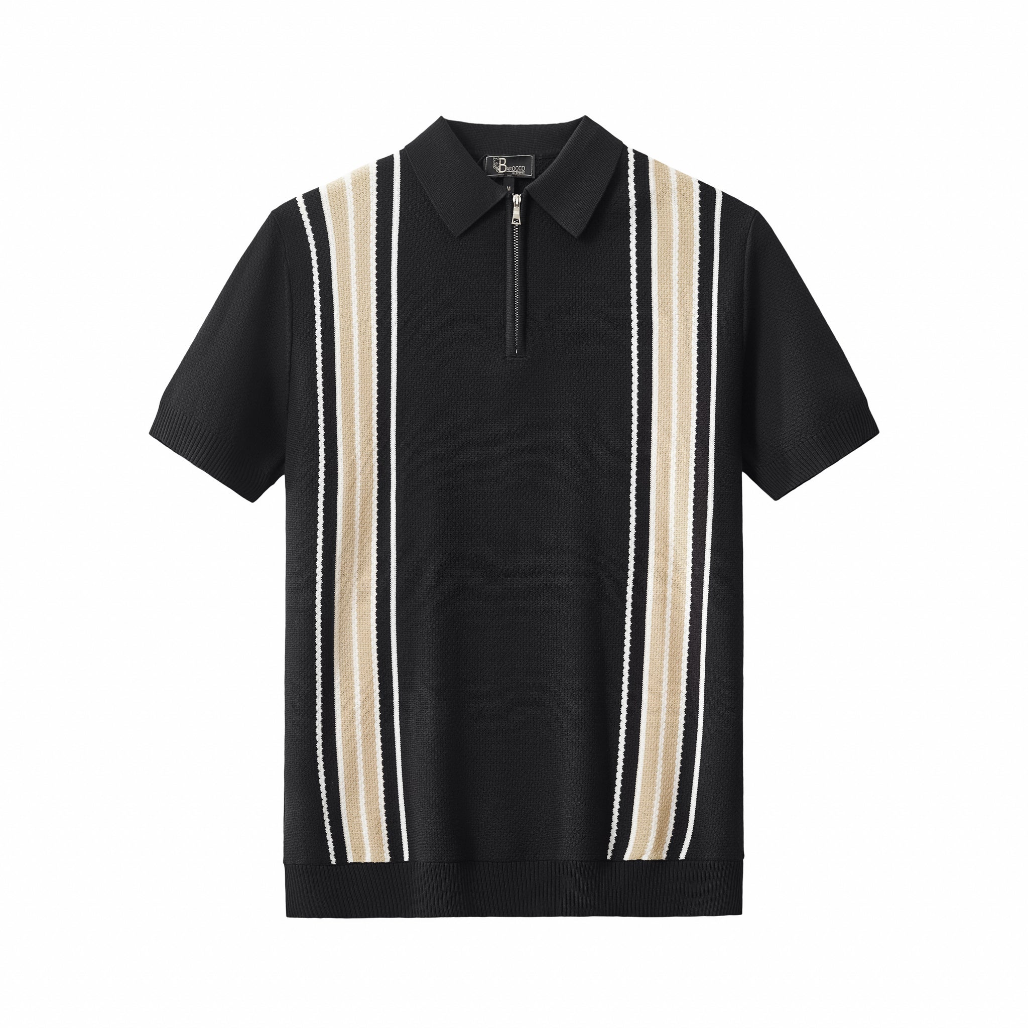 Retro Stripe Zip Polo BLACK/KHAKI