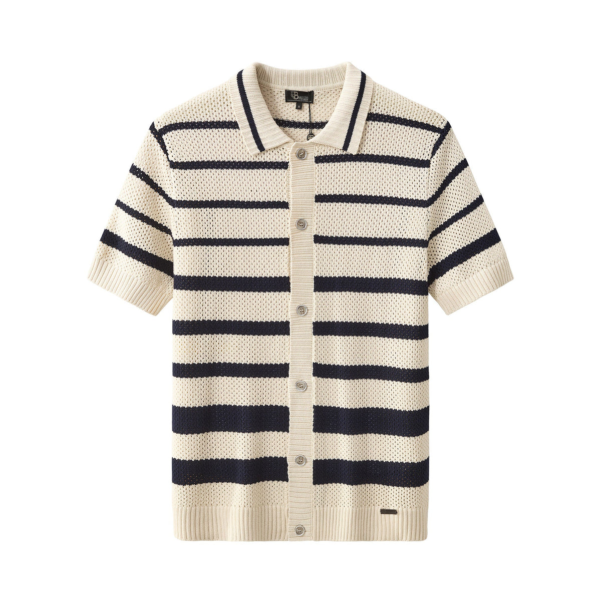 Barocco Regatta Mesh Stripe Knit Men's Short Sleeve Shirt - Ivory