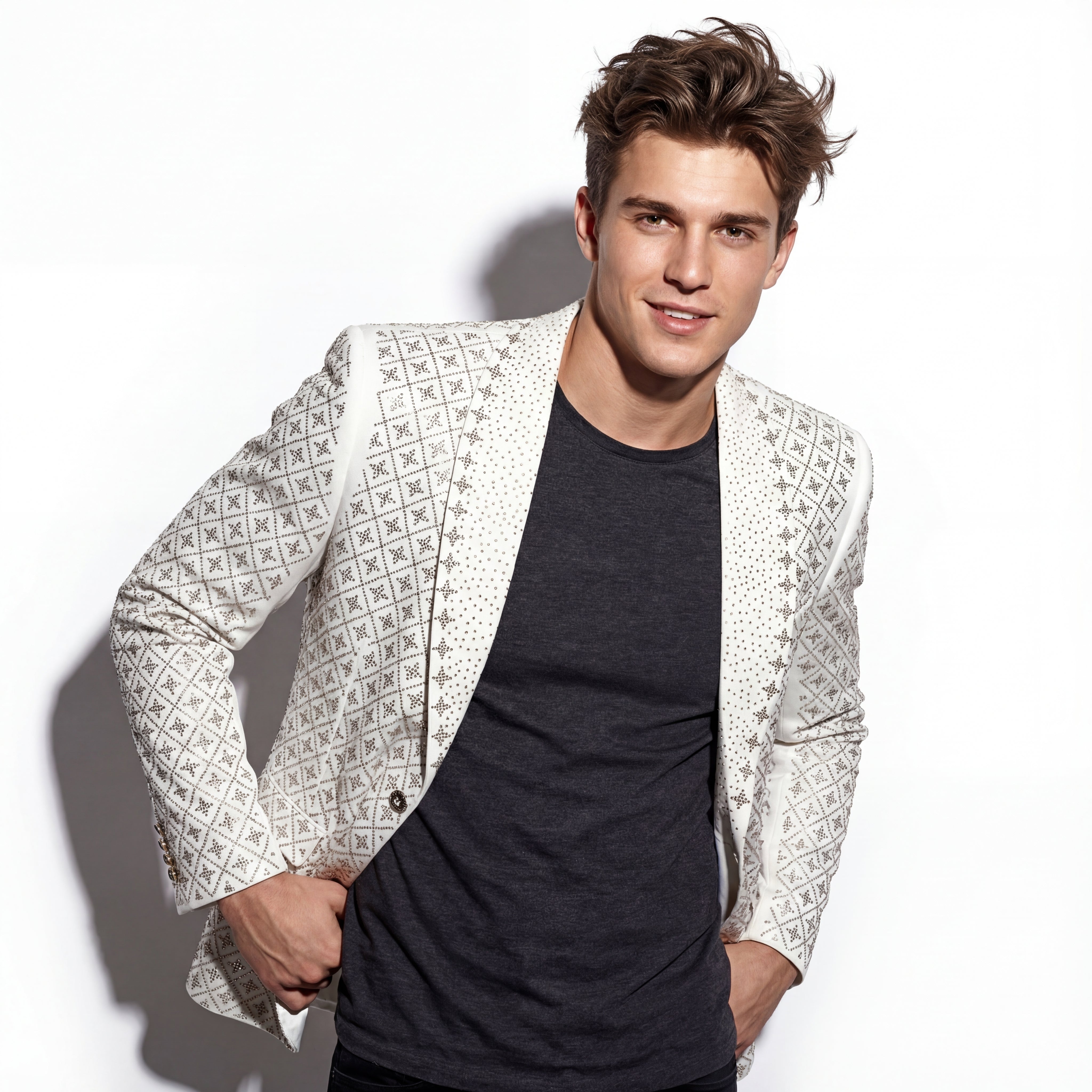 Elegant Blazer with Sparkling Embellishments WHITE/GOLD