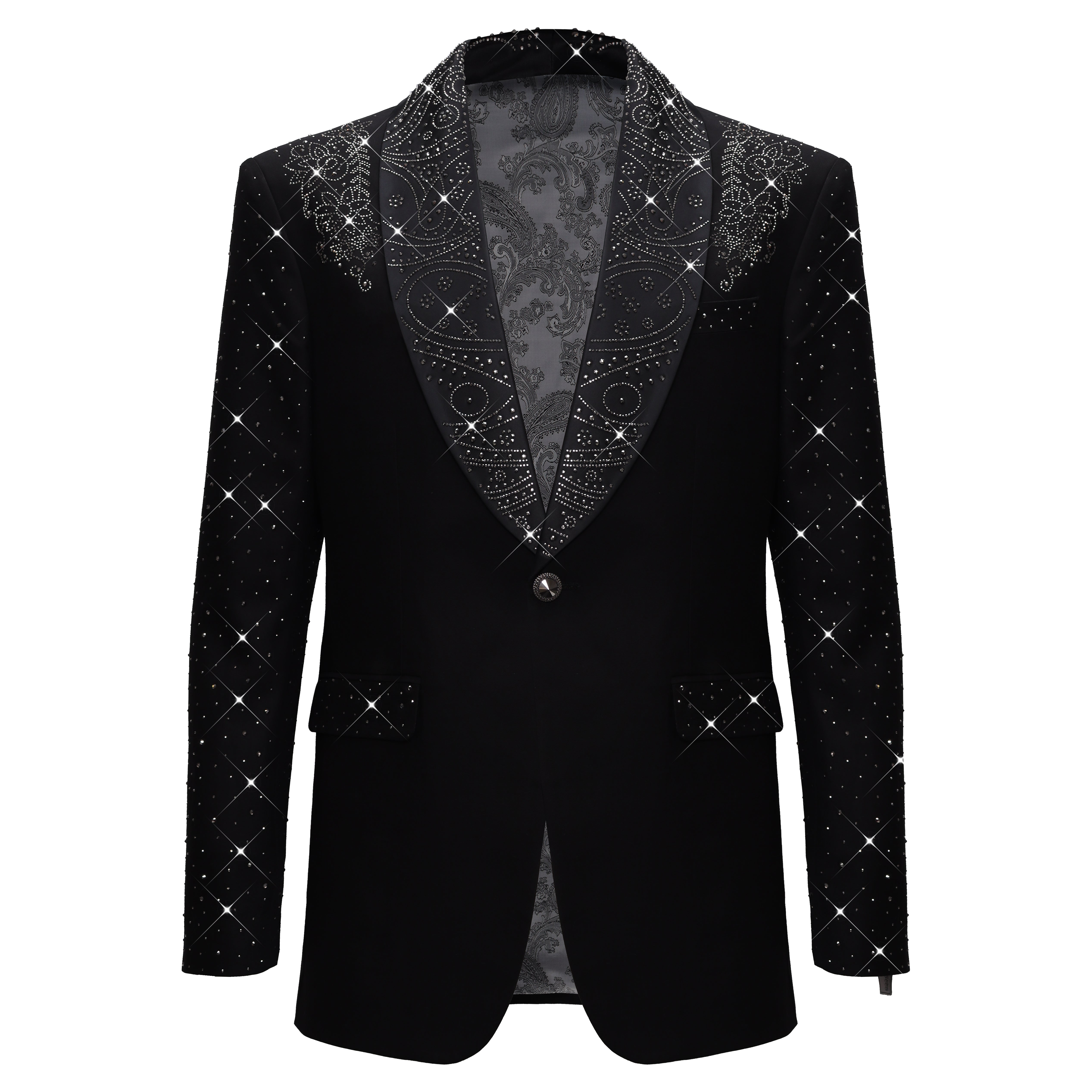 Luxurious Black Blazer with Elegant Rhinestone Emb BLACK