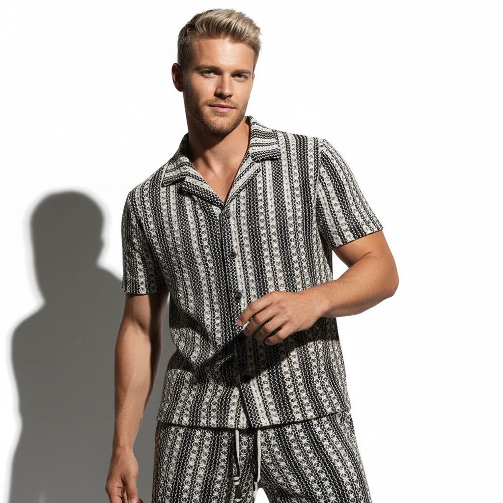 Barocco Men's Vintage-Inspired Textured Striped Set - Black/White