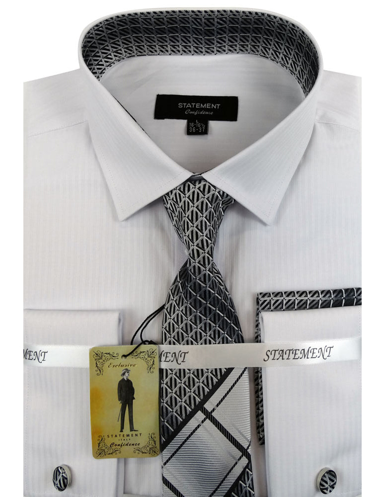 100% Cotton Dress Shirt With Matching Tie Hankie And Cufflink| SH-3000| WHITE/BLACK
