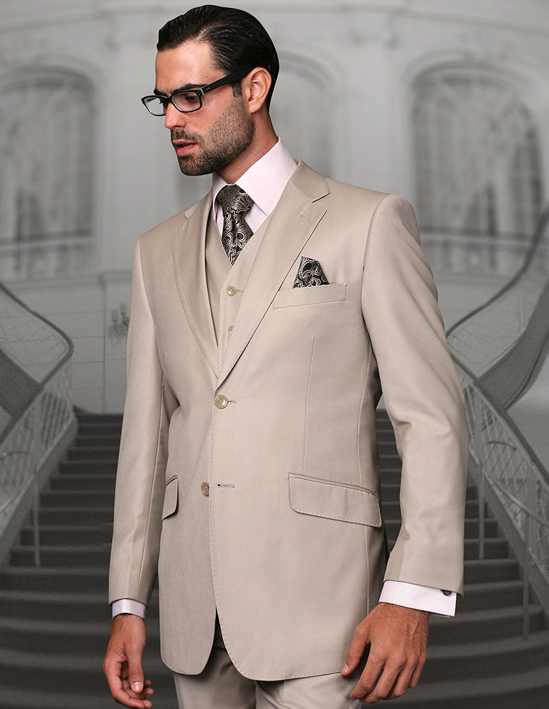 Men’s Sand solid 3pc suit tailored fit STATEMENT SUITS STZV-103