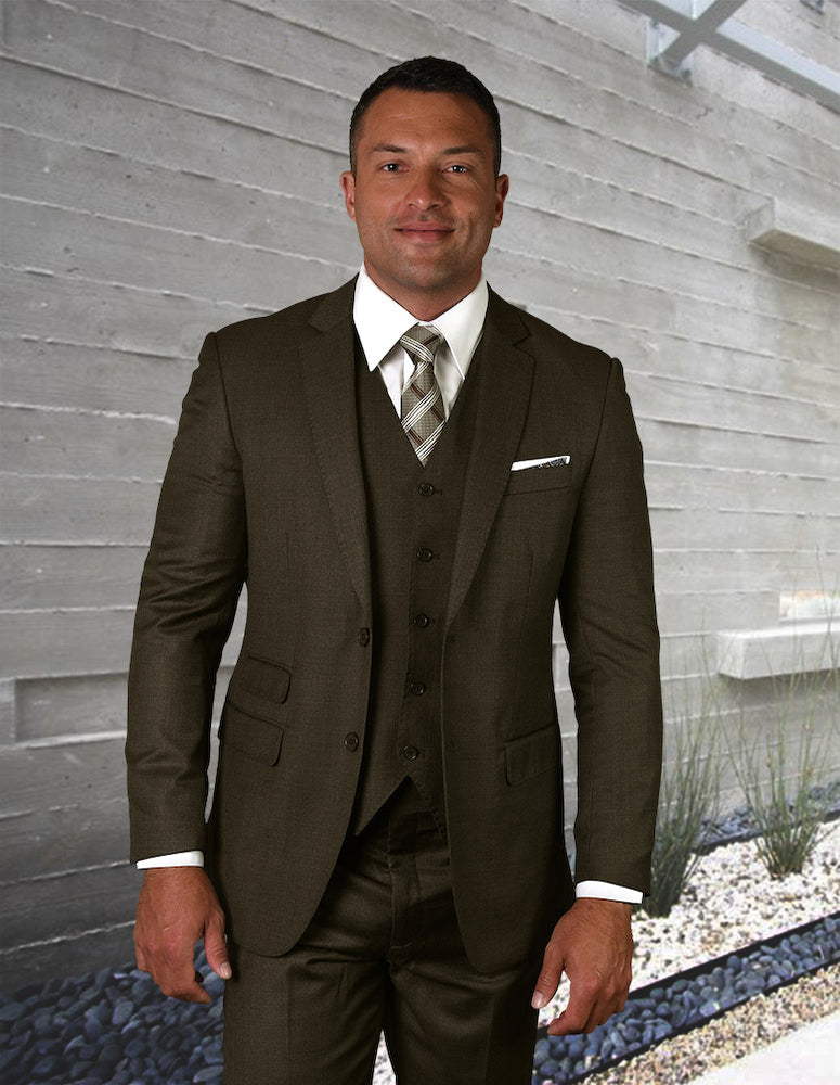 Statement Platinum 3pc Tailored Fit Suit Flat Front Pants Super 180\'s Italian Wool Fabric| STZV-101| Truffle
