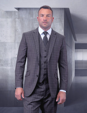 Statement 3pc Plaid Suit. Modern Fit Flat Front Pants.super 180\'s Italian Wool| STZV-301| Grey