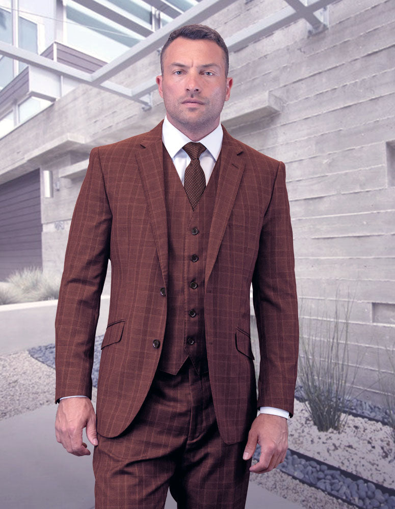 Statement 3pc Plaid Suit. Modern Fit Flat Front Pants.super 180\'s Italian Wool| STZV-301| Mauve
