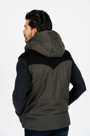 Men's Olive Padded Hooded Vest with Faux Fur Lining | VST8829