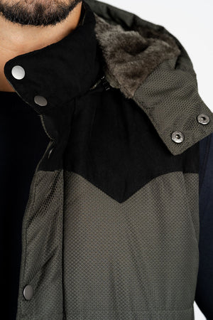 Men's Olive Padded Hooded Vest with Faux Fur Lining | VST8829