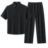 Barocco Vista Men's Waffle Textured Shirt & Pants Set - Black