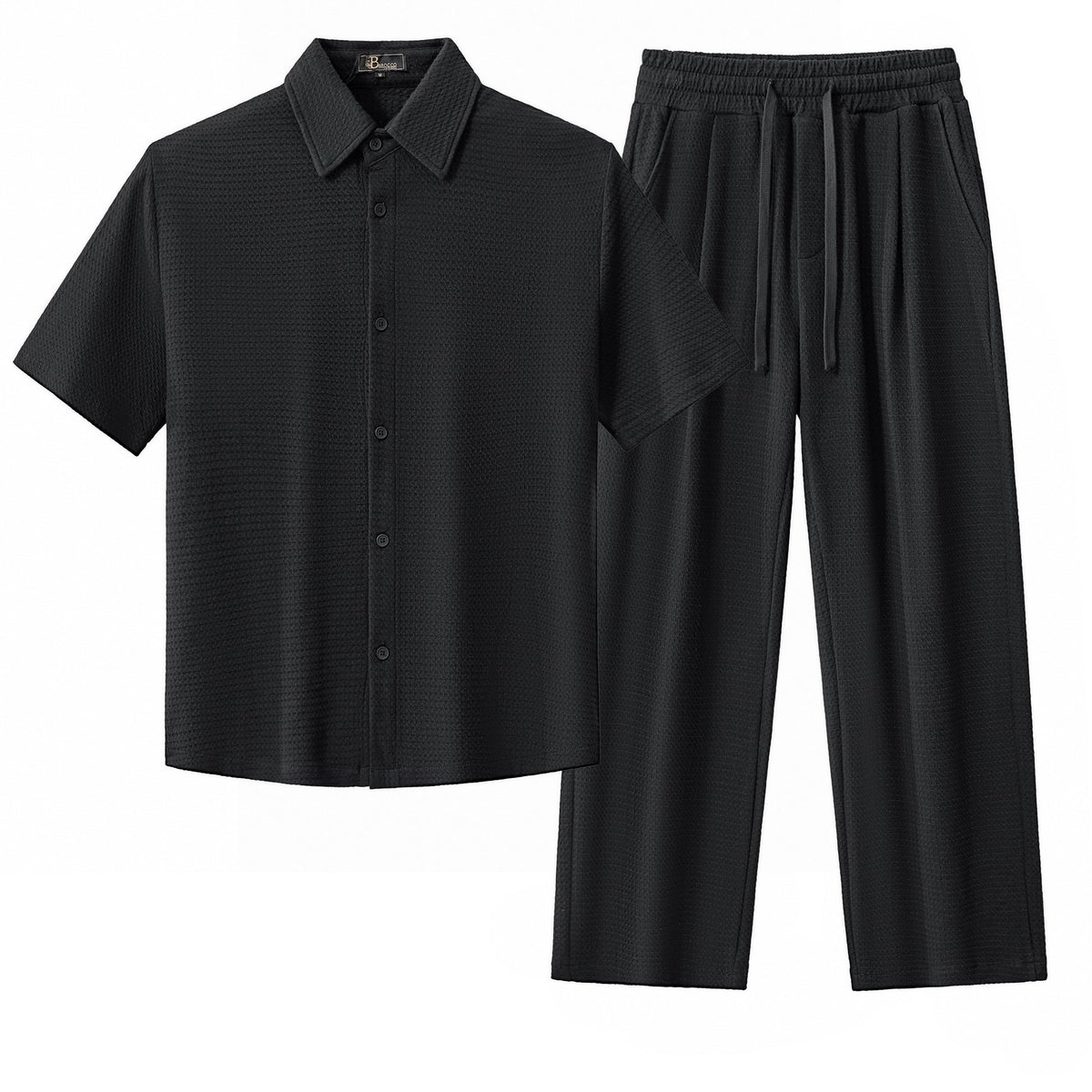 Barocco Vista Men's Waffle Textured Shirt & Pants Set - Black