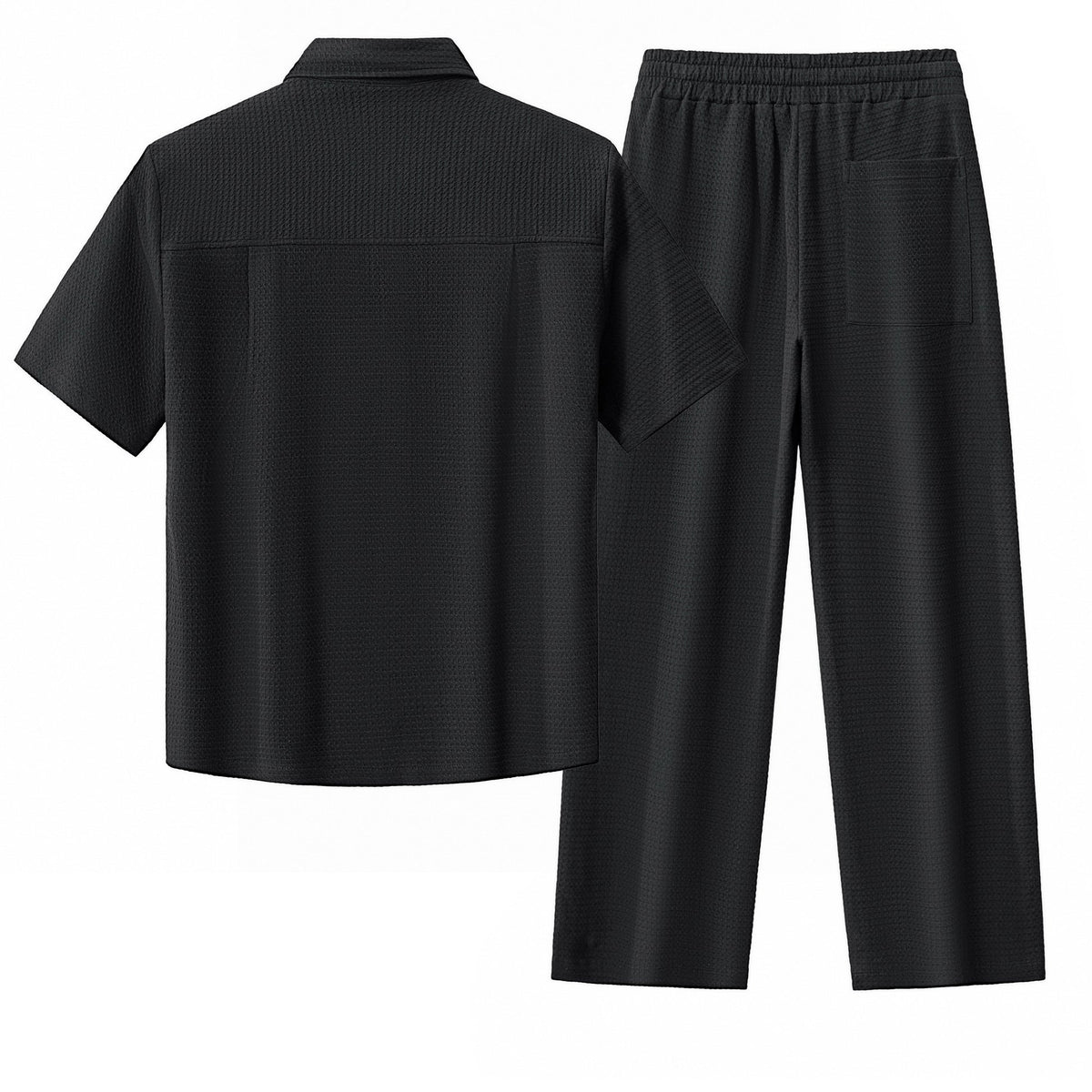 Barocco Vista Men's Waffle Textured Shirt & Pants Set - Black