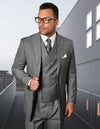 Men’s grey solid 3pc suit regular fit pleated pants double‑breasted vest super 150’s italian wool STATEMENT SUITS ZARELLI