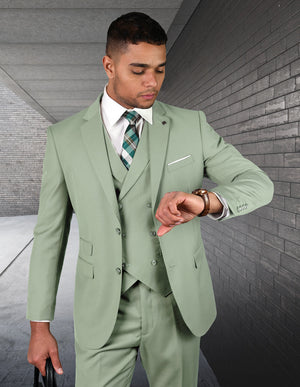 APPLE GREEN SOLID COLOR SUIT. 3PC MODERN FIT FLAT FRONT PANTS WITH DOUBLE BREASTED VEST. SUPER 180'S ITALIAN WOOL | ZARGALA-Apple Green