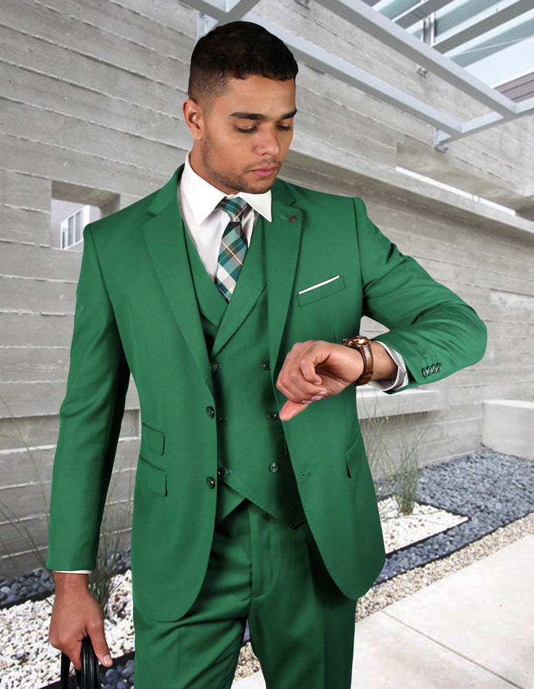 APPLE GREEN SOLID COLOR SUIT. 3PC MODERN FIT FLAT FRONT PANTS WITH DOUBLE BREASTED VEST. SUPER 180'S ITALIAN WOOL | ZARGALA-Kelly Green
