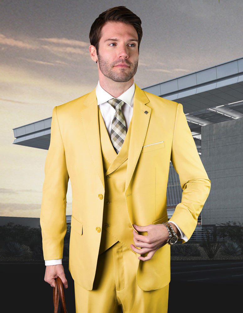 Men’s Yellow solid 3pc suit modern fit flat front pants double‑breasted vest super 180’s italian wool STATEMENT SUITS ZARGALA