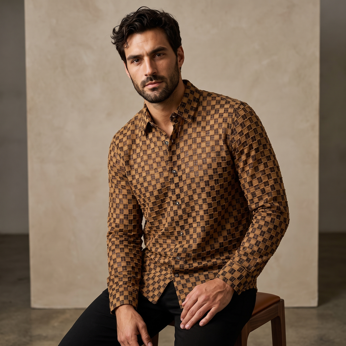 Barocco Textured Grid Men's Long Sleeve Shirt - Khaki