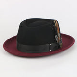 Burgundy and black Broadway Australian Wool Fedora Hat with diamond crown and removable feathers, from Franky Fashion