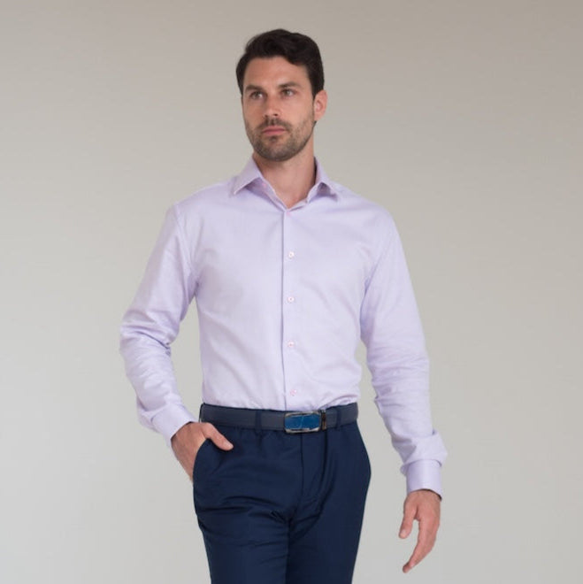 Blue Brompton dress shirt with point collar and rounded French cuffs from Steven Land, featured at Franky Fashion