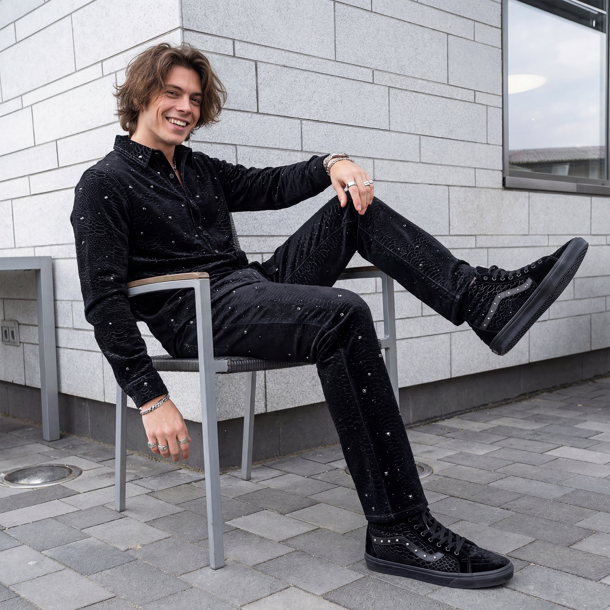 Midnight Serpent Rhinestone Pants - Century Penthouse BLACK