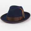 Navy Domingo Australian Wool Fedora Hat with 3-inch snap brim and grosgrain band, photographed for Franky Fashion