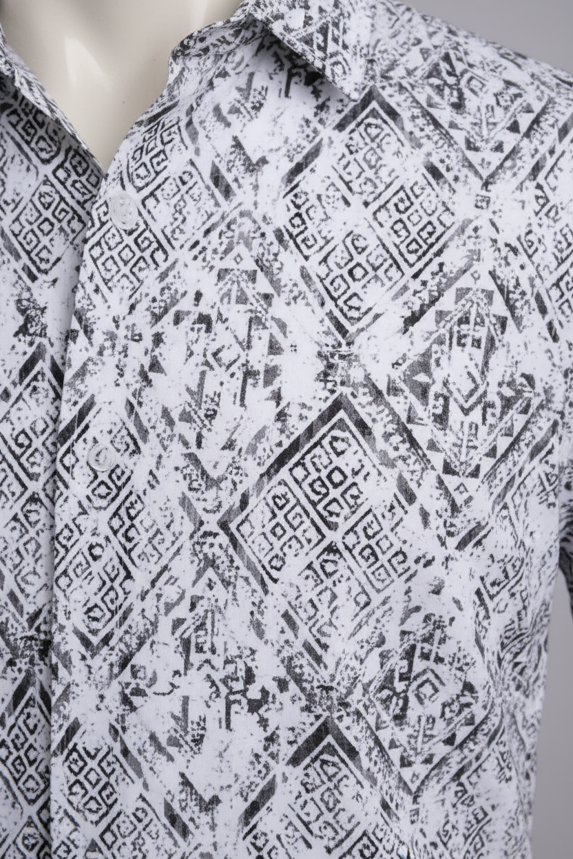 Barocco Geometric Cascade Men's Short Sleeve Shirt - White/Black
