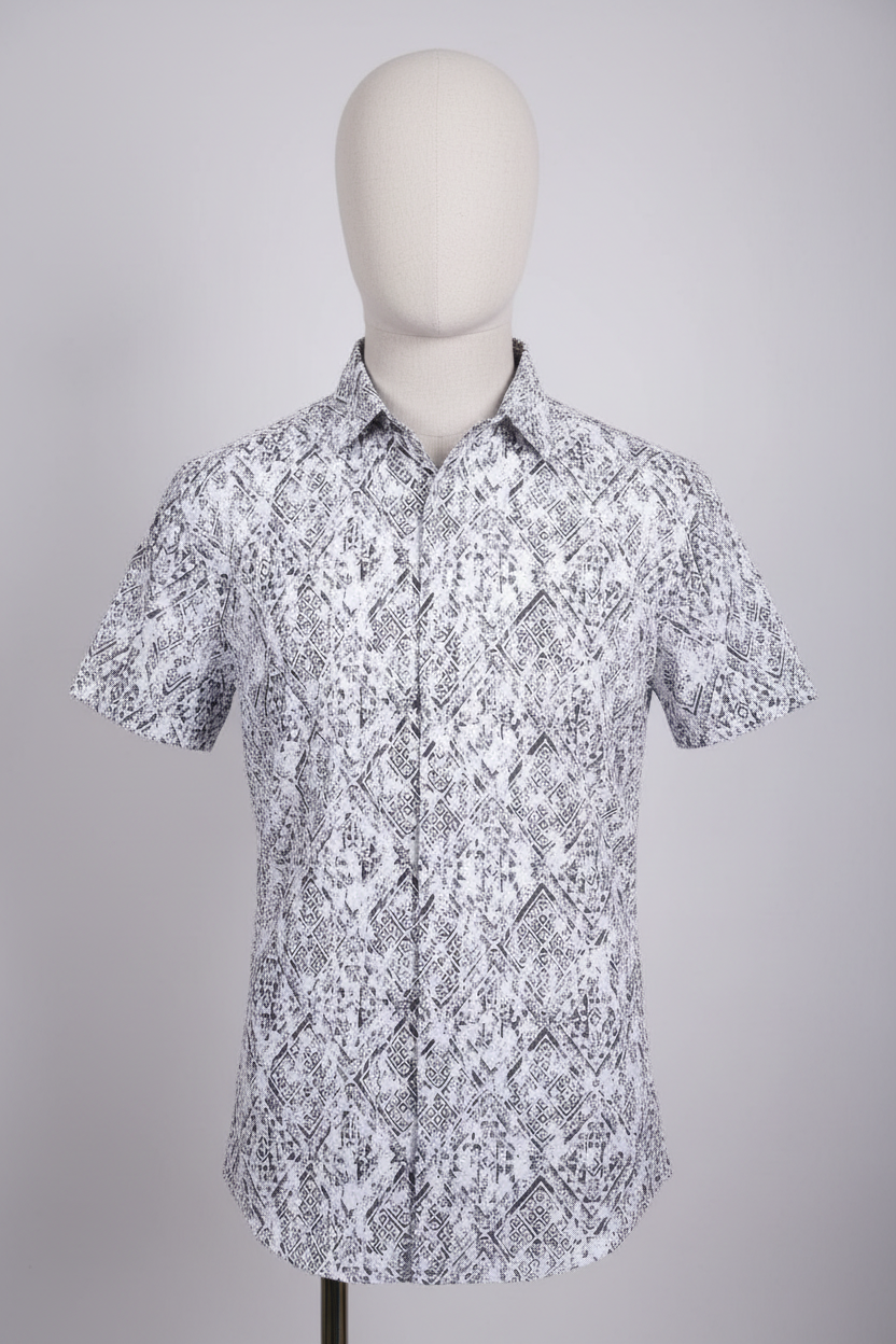 Barocco Geometric Cascade Men's Short Sleeve Shirt - White/Black