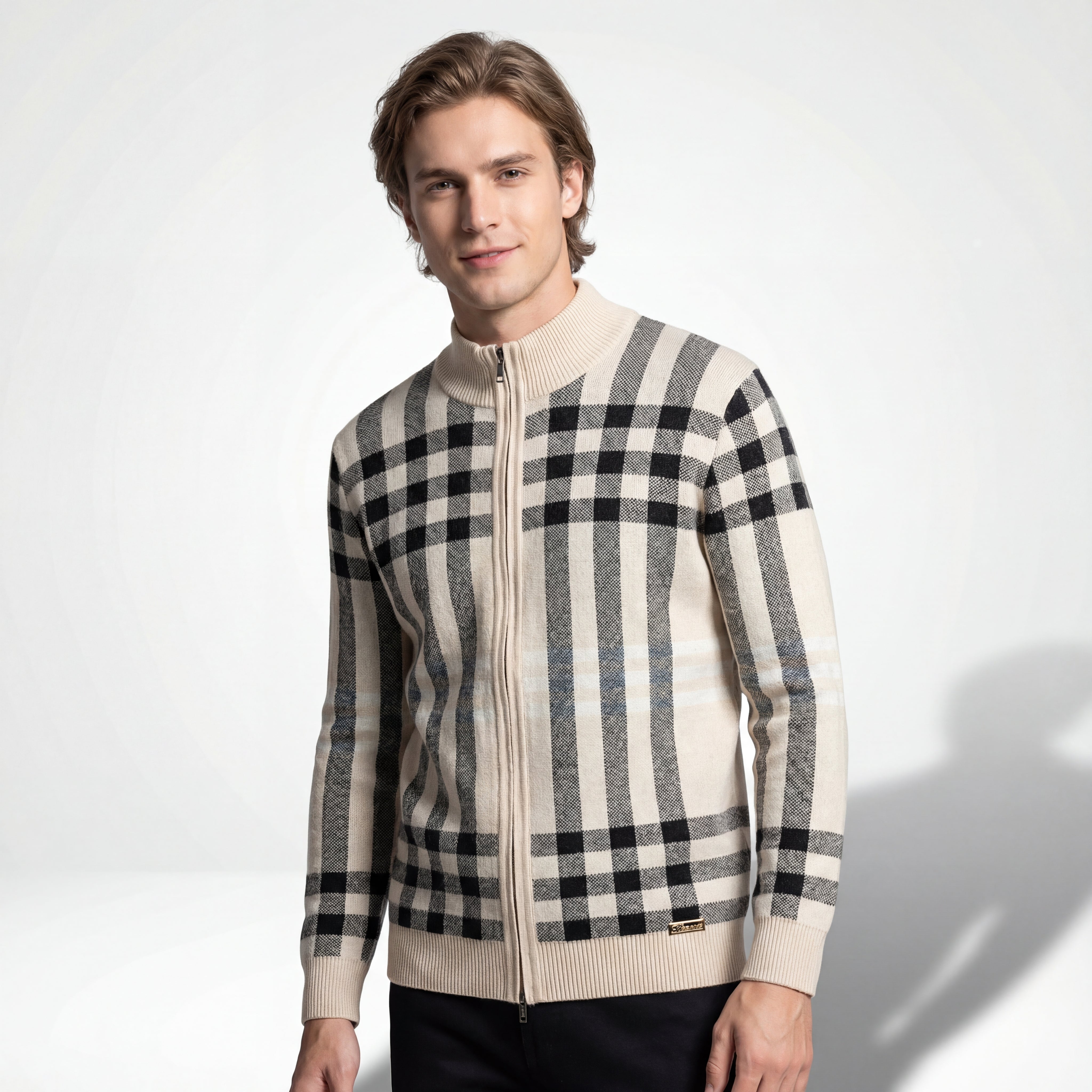 Paramount Plaid Knit Zip LS IVORY