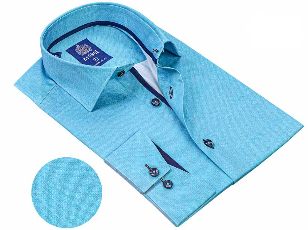 Avenue 21 Men’s European Modern Fit Turquoise Button-Down Long Sleeve Cotton Shirt – Made in Turkey