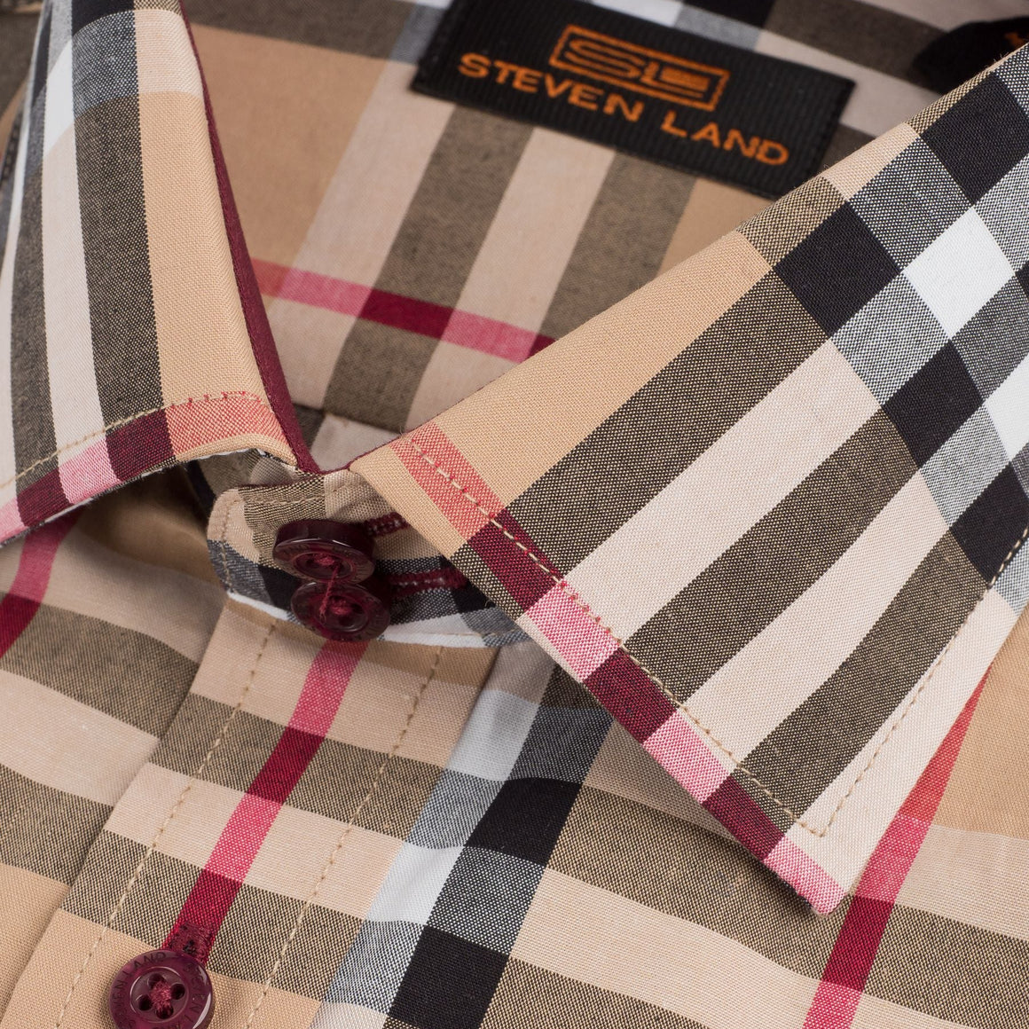 Khaki Tartan III dress shirt with classic collar and barrel cuff from Steven Land, featured at Franky Fashion