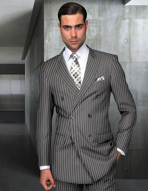 2pc Pinstripe Double Breasted Suit. Regular Fit Pleated Pants | DB-Zarelli | Grey