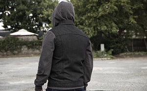 Rook - Men's Motorcycle Denim Vest with Gray/Black Base Hoodie - FrankyFashion.com