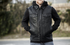 Kent - Men's Motorcycle Leather Vest with Sweatshirt - FrankyFashion.com