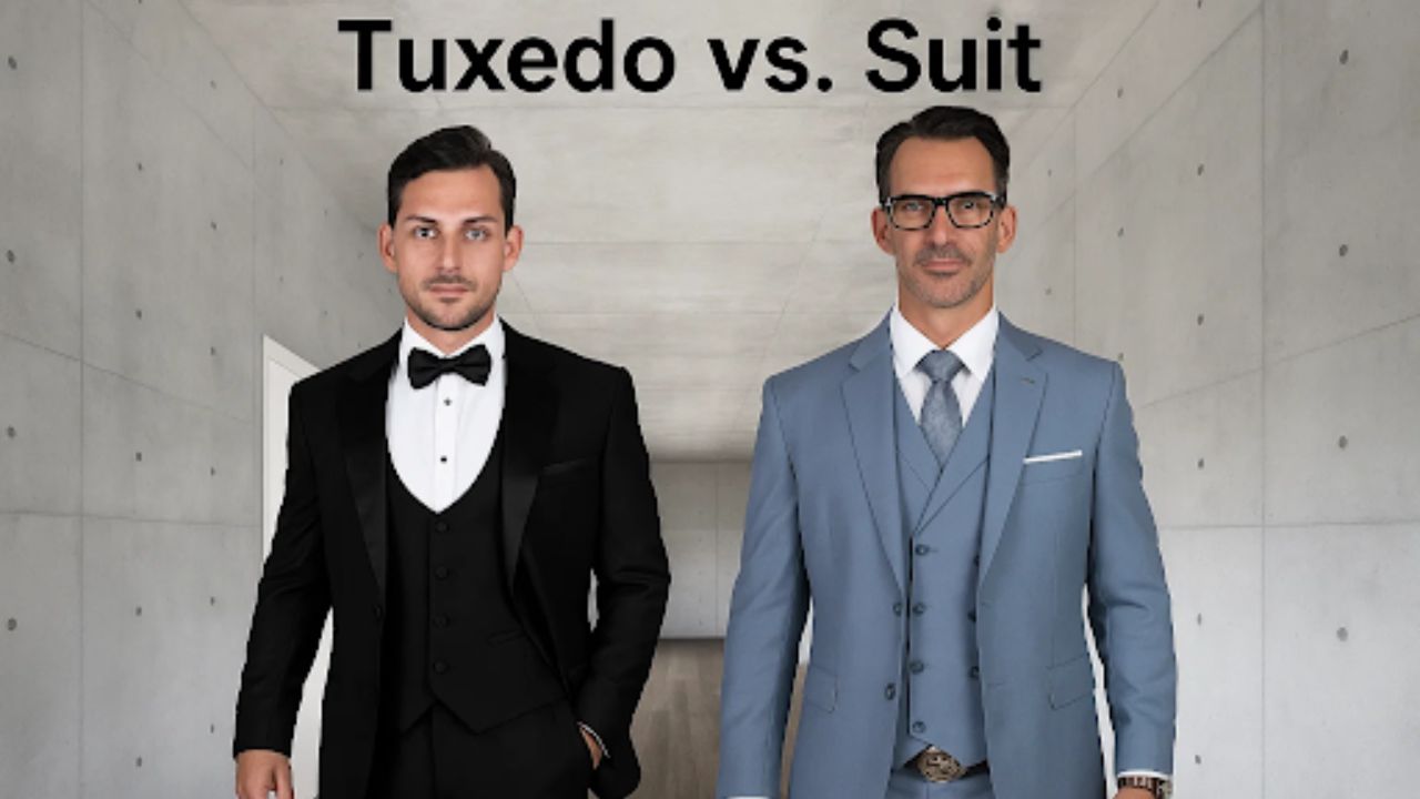Side-by-side view showing a man in a tuxedo on the left and another man in a three-piece suit on the right.