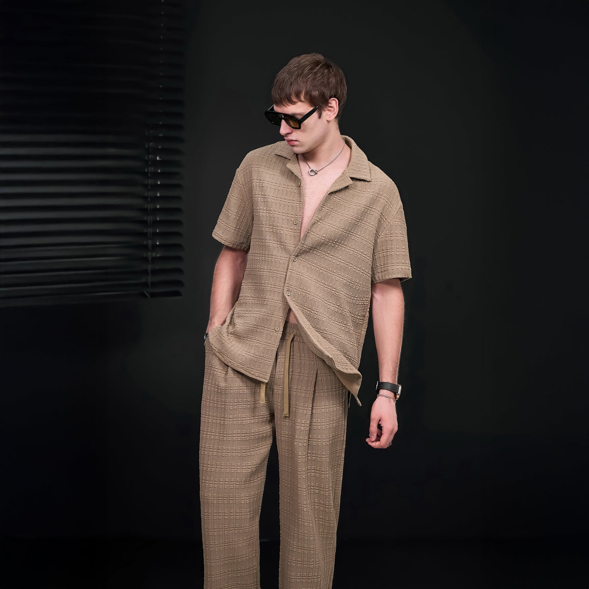 Barocco Loft Men's Textured Shirt & Pants Set - Brown