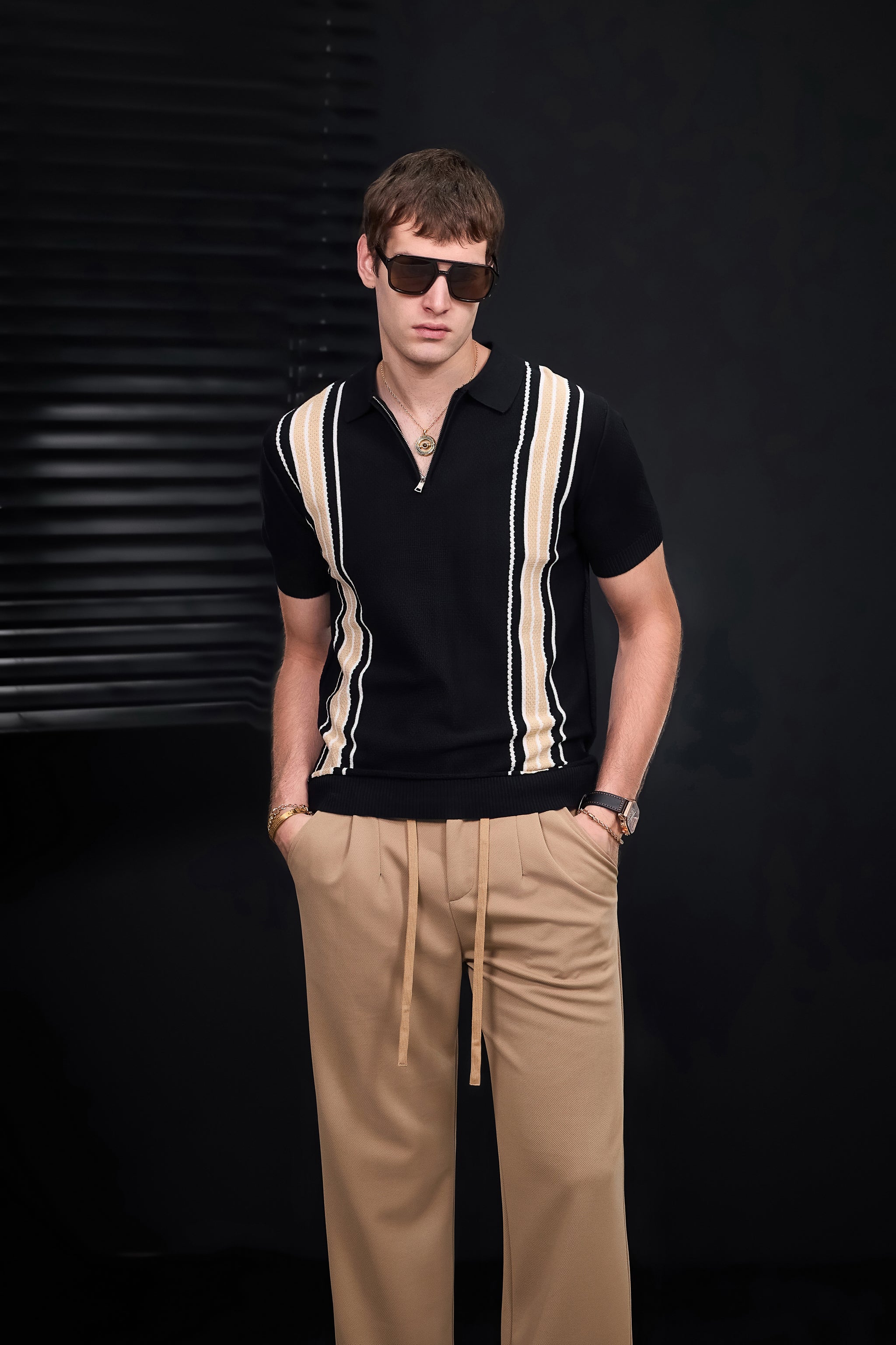 Retro Stripe Zip Polo BLACK/KHAKI