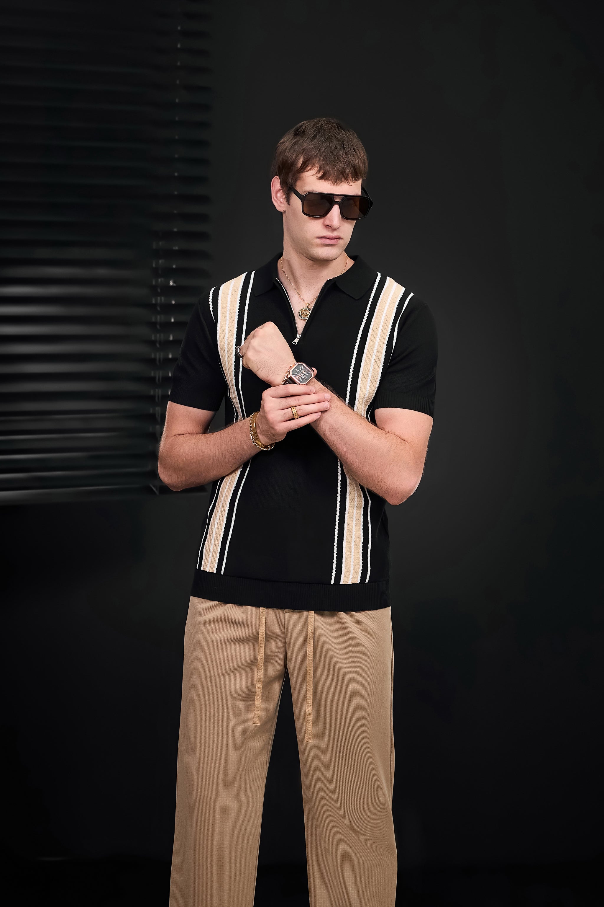 Retro Stripe Zip Knit Polo BLACK/KHAKI – Franky Fashion
