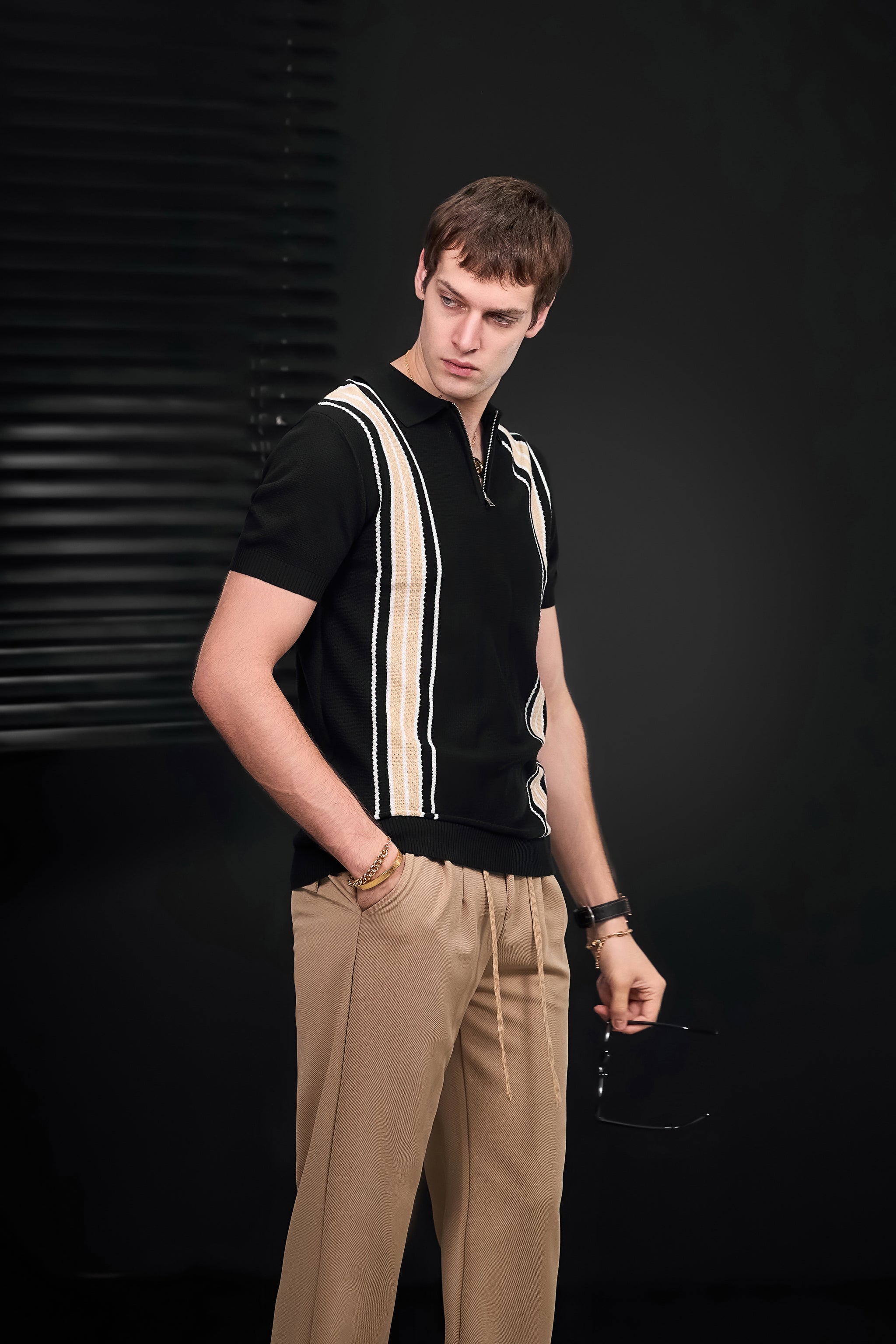 Retro Stripe Zip Knit Polo BLACK/KHAKI – Franky Fashion