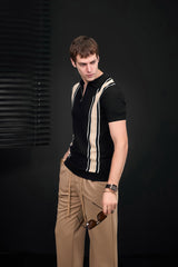 Retro Stripe Zip Polo BLACK/KHAKI