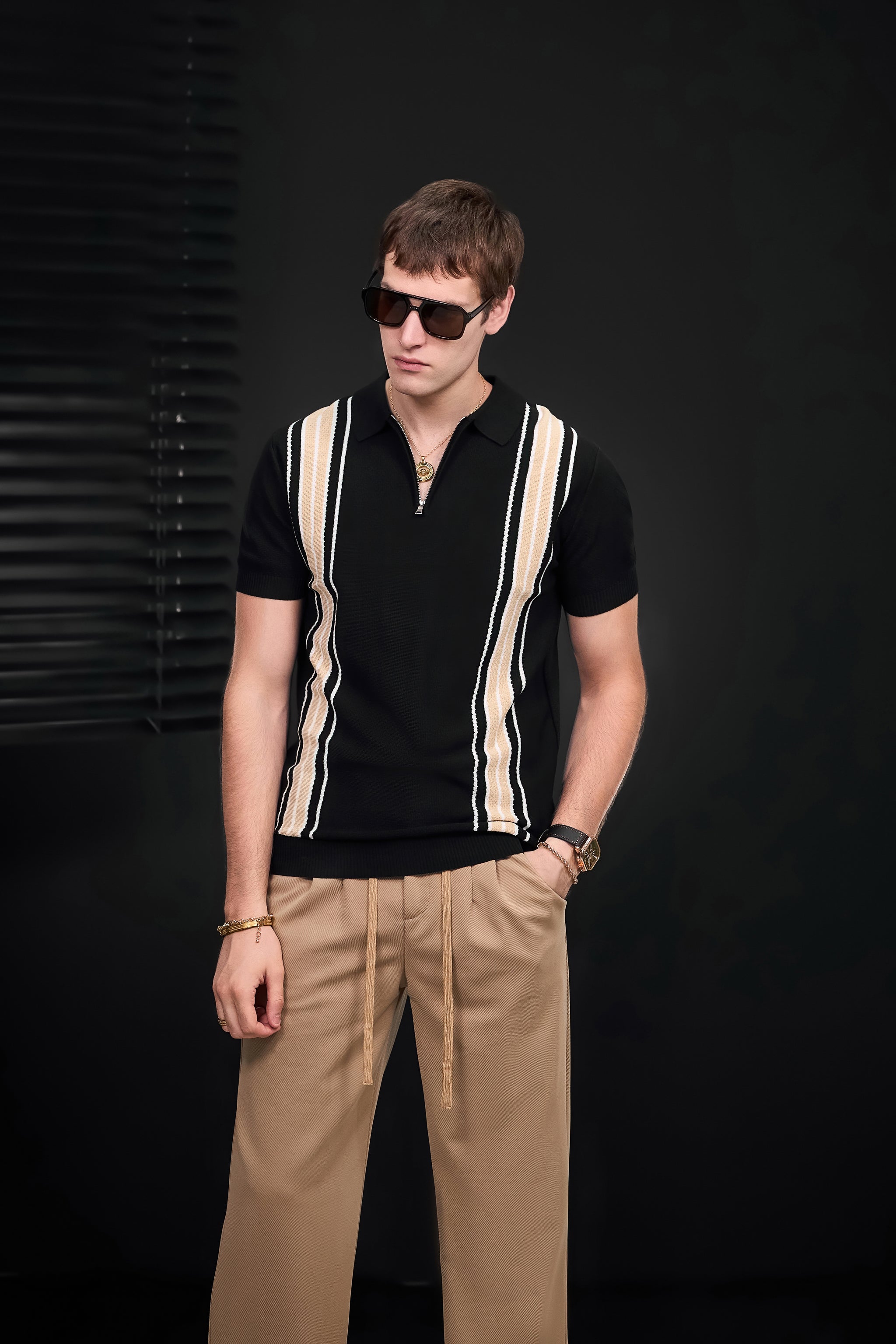Retro Stripe Zip Knit Polo BLACK/KHAKI – Franky Fashion