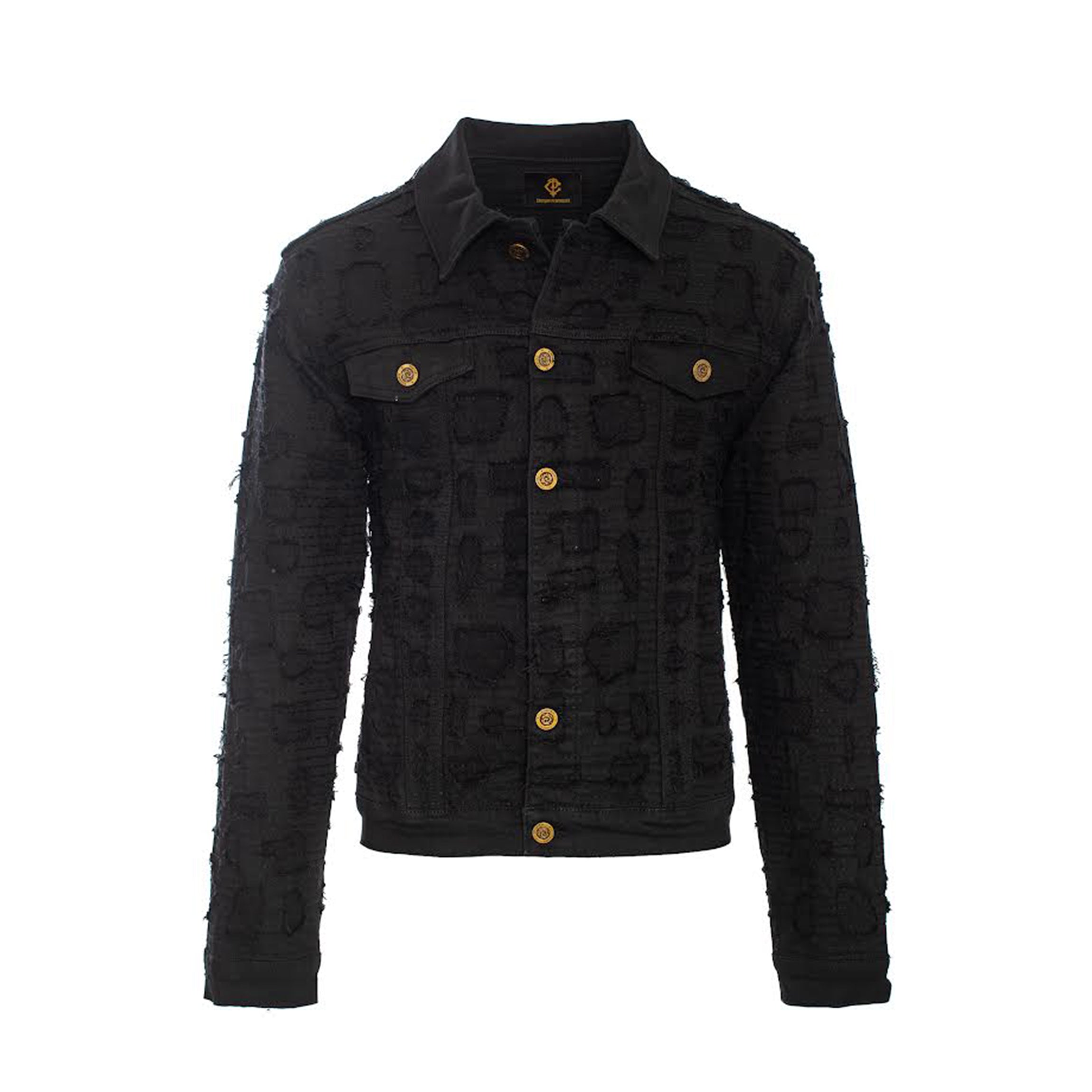 Patchwork Distressed Denim Jacket- CENTURY PENTHOUSE BLACK